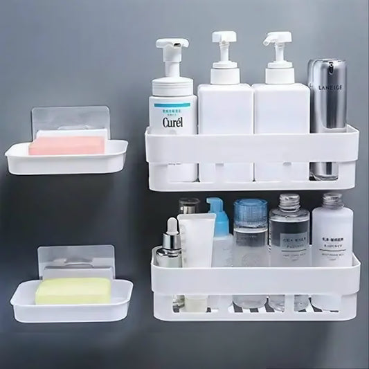 Adhesive Bathroom Shelf Set – 2 Wall Shelves + 2 Soap Holders (Pack of 4, White, No-Drill Mount)