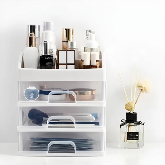 3-Tier Makeup & Cosmetic Organizer Box – Plastic Storage Drawers for Vanity, Desk & Bathroom (White, Medium)