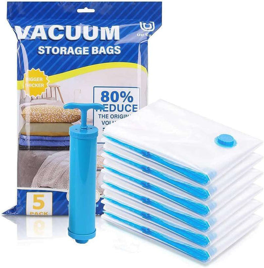 Vacuum Storage Bags – Pack of 5 Reusable Ziplock Compression Bags with Hand Pump for Clothes
