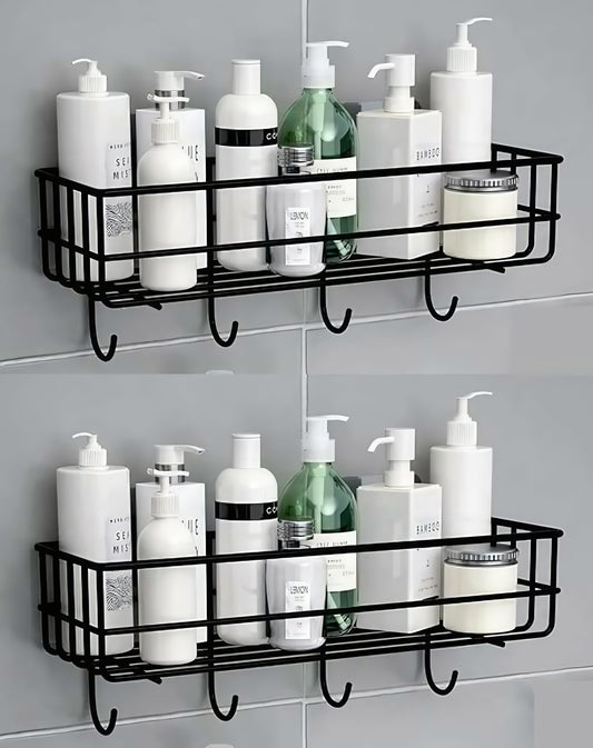 (Combo Pack of 2) Self-Adhesive Metal Bathroom Shelf with Hooks – No-Drill Wall Mount for Kitchen & Bathroom