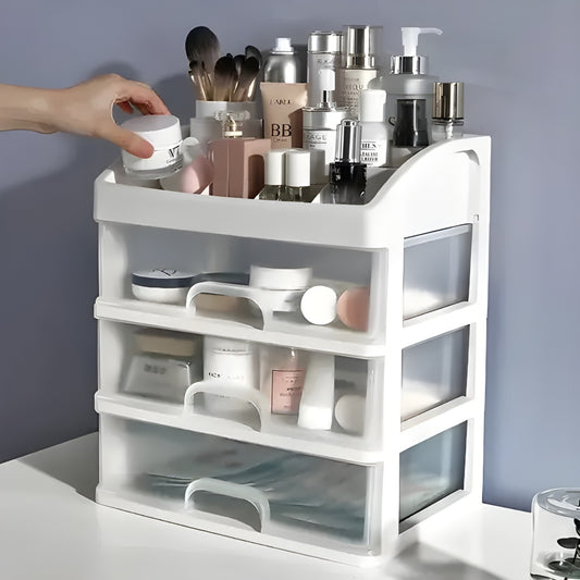 3-Tier Makeup & Cosmetic Organizer Box – Plastic Storage Drawers for Vanity, Desk & Bathroom (White, Medium)